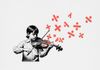 A minimalist collage on off-white paper. A black-and-white cutout of a child playing the violin, with bright neon coral math symbols floating from the instrument.