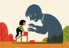 Illustration of a girl in a green shirt climbing a small wooden block while the giant, dark shadow of an anxious adult looms over her.