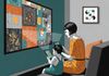 Graphic illustration of a mother and child on a couch with multiple screens displaying abstract grids, representing a high-screen environment where direct interaction is missing.