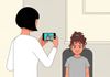 Minimalist illustration of a mother recording a video on her smartphone of her young daughter, who is sitting rigidly in a chair with a forced, unnatural smile.