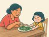 Illustration of an adult leaning in and urging a child to eat while the child pushes their plate of vegetables away, depicting how pressure to eat backfires