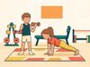 Illustration of two children in a gym exercising, drawn in bold flat shapes and warm teal and coral tones