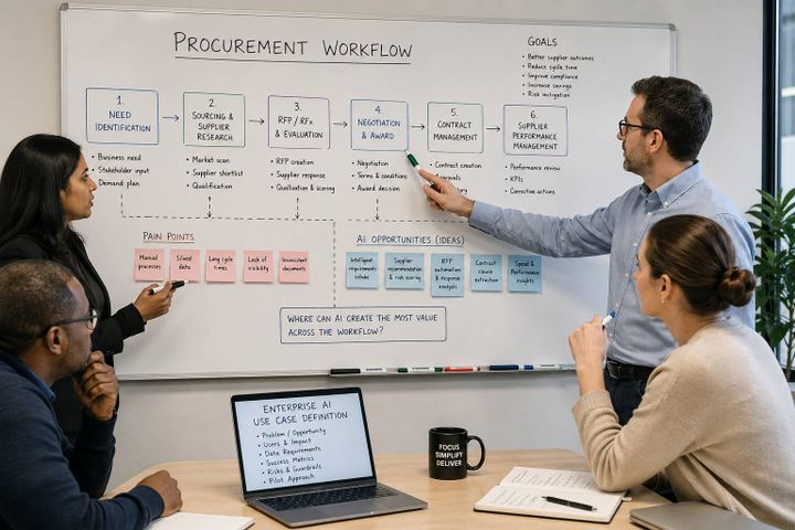 Procurement team mapping a workflow on a whiteboard before defining an enterprise AI use case