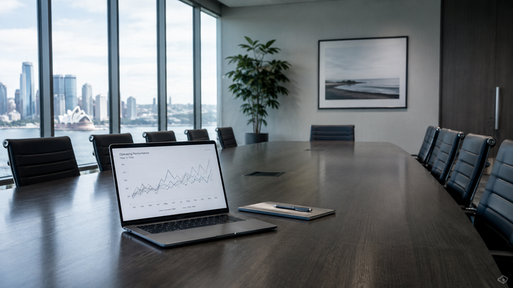 Computer on a desk in empty board room representing enterprise AI time saved