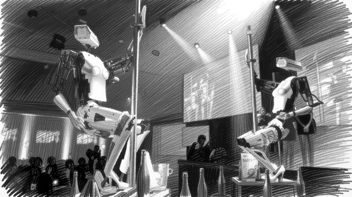 A digital sketch in black and white of two robot strippers.