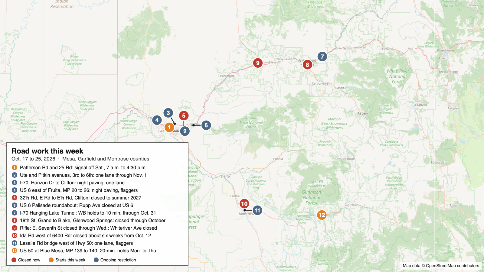Map of Mesa, Garfield and Montrose counties in western Colorado with numbered pins marking this week's road work, including the Patterson and 25 Road signal outage in Grand Junction, downtown Ute and Pitkin lane closures, 32½ Road in Clifton, the Palisade roundabout, Hanging Lake Tunnel holds in Glenwood Canyon, 19th Street in Glenwood Springs, East Seventh Street and Whiteriver Avenue in Rifle, Ida Road and the Lasalle Road bridge near Montrose, and US 50 holds at Blue Mesa Reservoir.