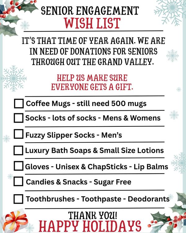 Help Bring Holiday Cheer to Local Seniors: Donations Needed for the Senior Engagement Wish List