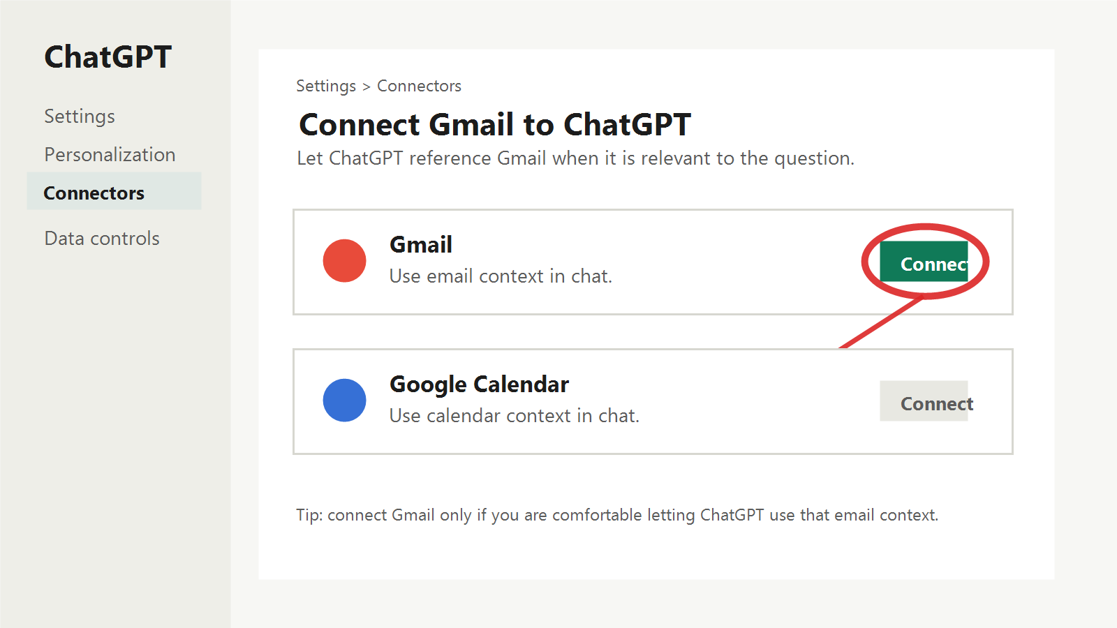 Annotated ChatGPT connector screen with the Gmail connect button circled.