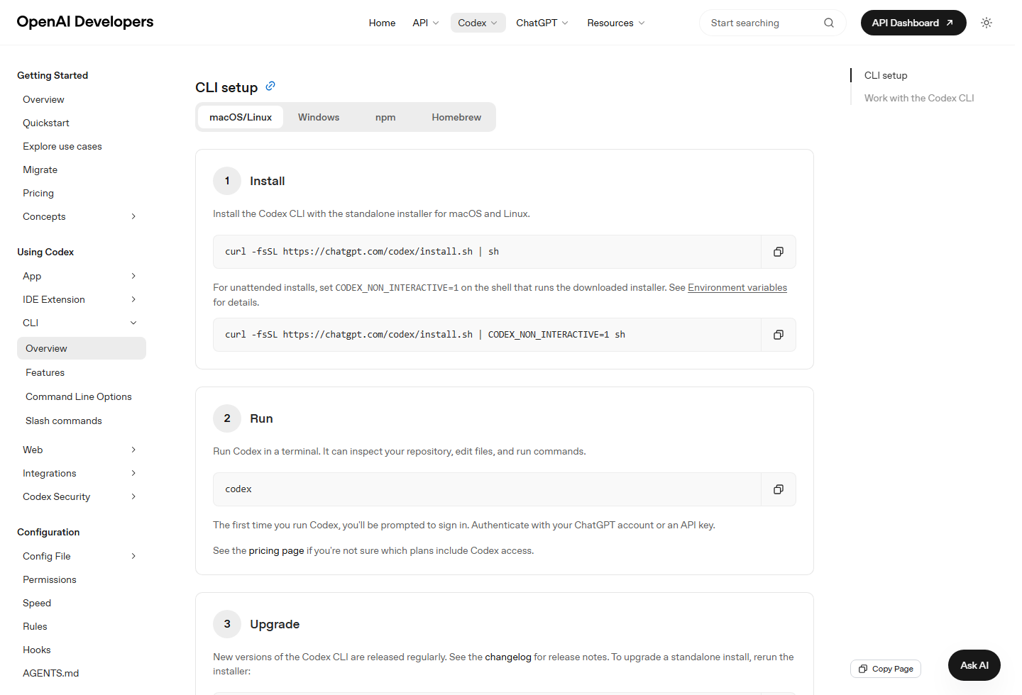Screenshot of OpenAI's Codex CLI setup page showing the install command, run command, and sign-in note.
