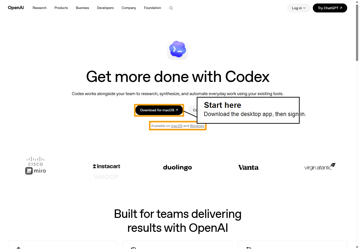Annotated screenshot of OpenAI's Codex for work page showing the Codex desktop app download area for macOS and Windows.