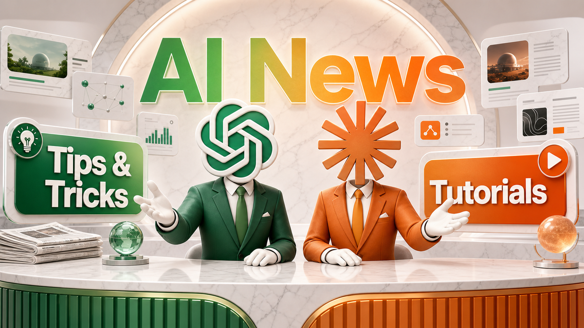 Daily AI News cover art with AI News title, Tips & Tricks, and Tutorials cards.