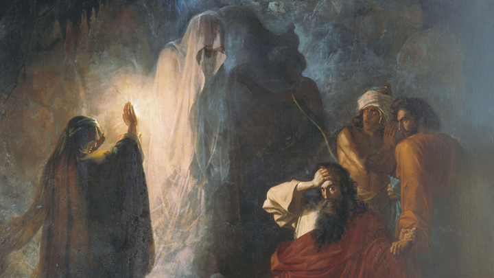 Dmitry Martynov, The Shade of Samuel Invoked by Saul, 1857, via Wikimedia Commons.