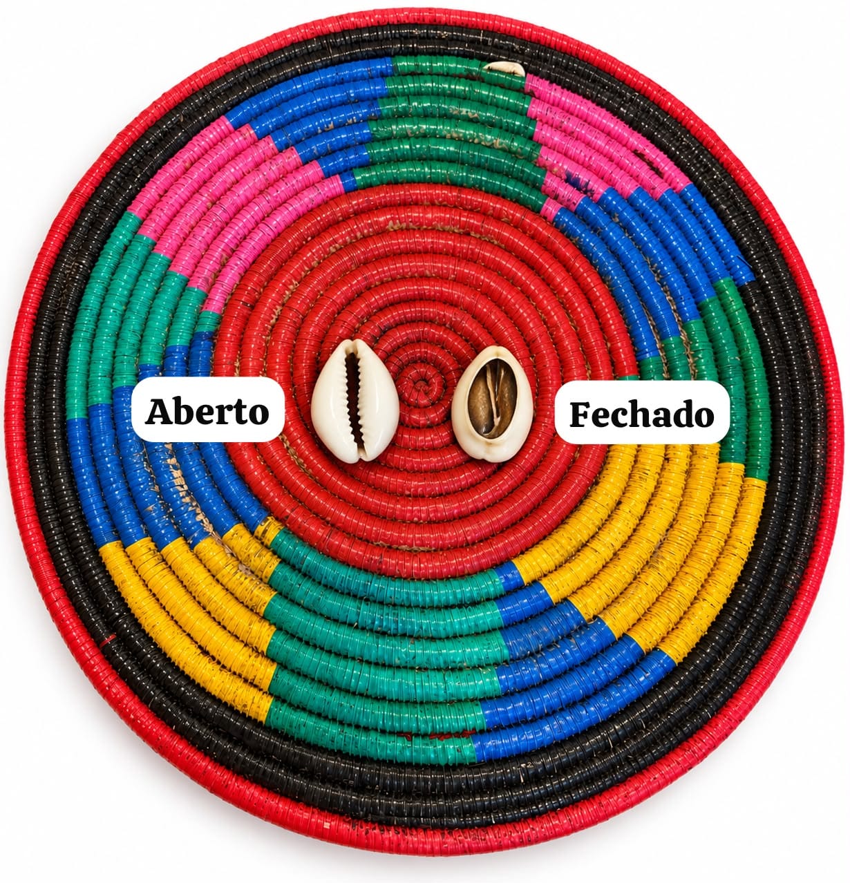 Dois búzios sobre uma esteira circular de palha colorida, um mostrando uma face e o outro a face oposta, para ilustrar as posições de búzio aberto e fechado no jogo de búzios.