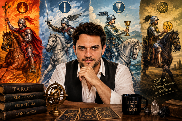 Profe' Wayner Lyra diante dos quatro Cavaleiros do Tarot: Paus, Espadas, Copas e Ouros.