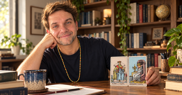 Profe’ Wayner Lyra sentado à mesa de estudo, ao lado das cartas Rei e Rainha de Copas, diante de uma estante de livros.