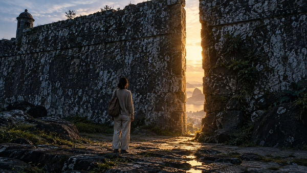 Pessoa diante de uma grande muralha de pedra aberta por uma brecha iluminada pelo sol.