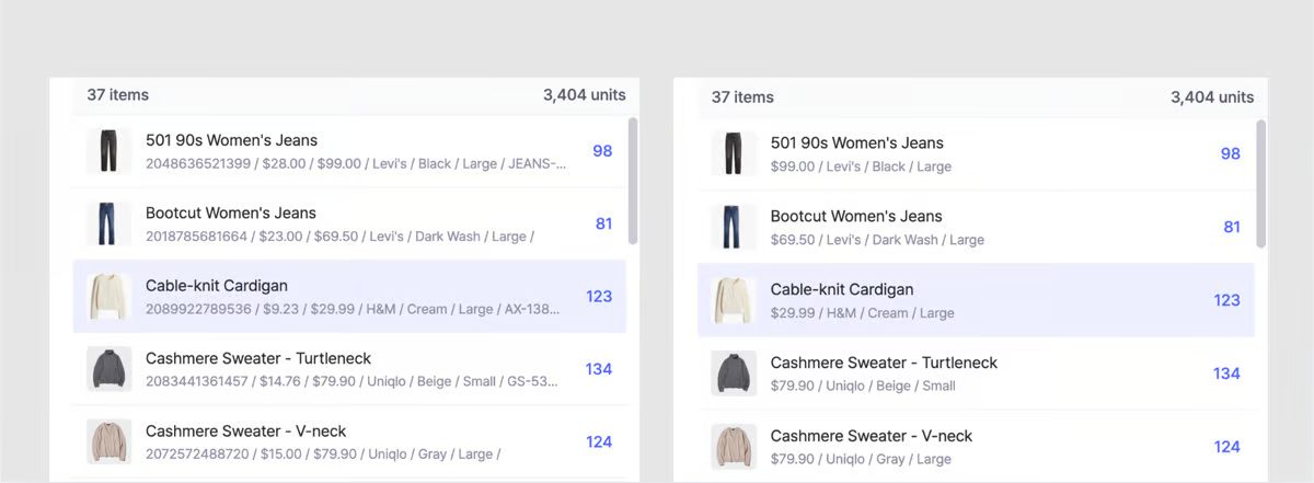 Comparación de la Lista de artículos de BoxHero mostrando atributos detallados frente a una vista simplificada con precio, marca, color y cantidad en stock