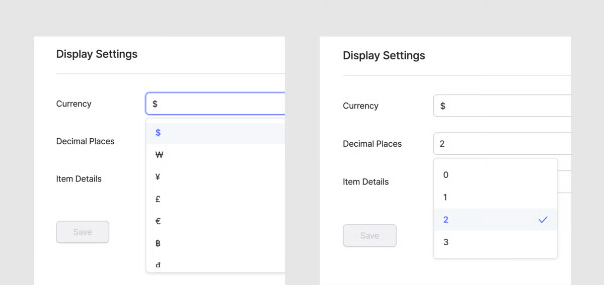 Ajustes de visualización de BoxHero mostrando el menú desplegable de selección de moneda y las opciones de decimales para precios unitarios