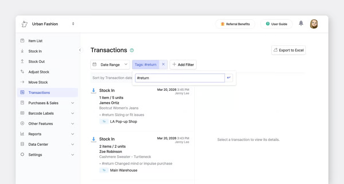 Página de transacciones de inventario de BoxHero filtrada por la etiqueta de devolución, mostrando movimientos de stock, detalles de artículos, marcas de tiempo y ubicaciones