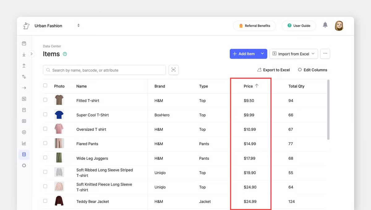 Vista del Centro de datos de BoxHero con artículos seleccionados y opciones de acción en lote disponibles