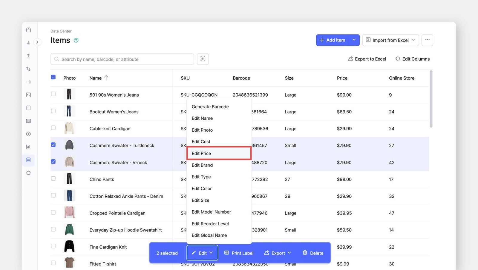 Página Centro de datos > Artículos de BoxHero mostrando la lista de artículos con el menú de edición masiva, incluida la opción de actualizar precios y detalles
