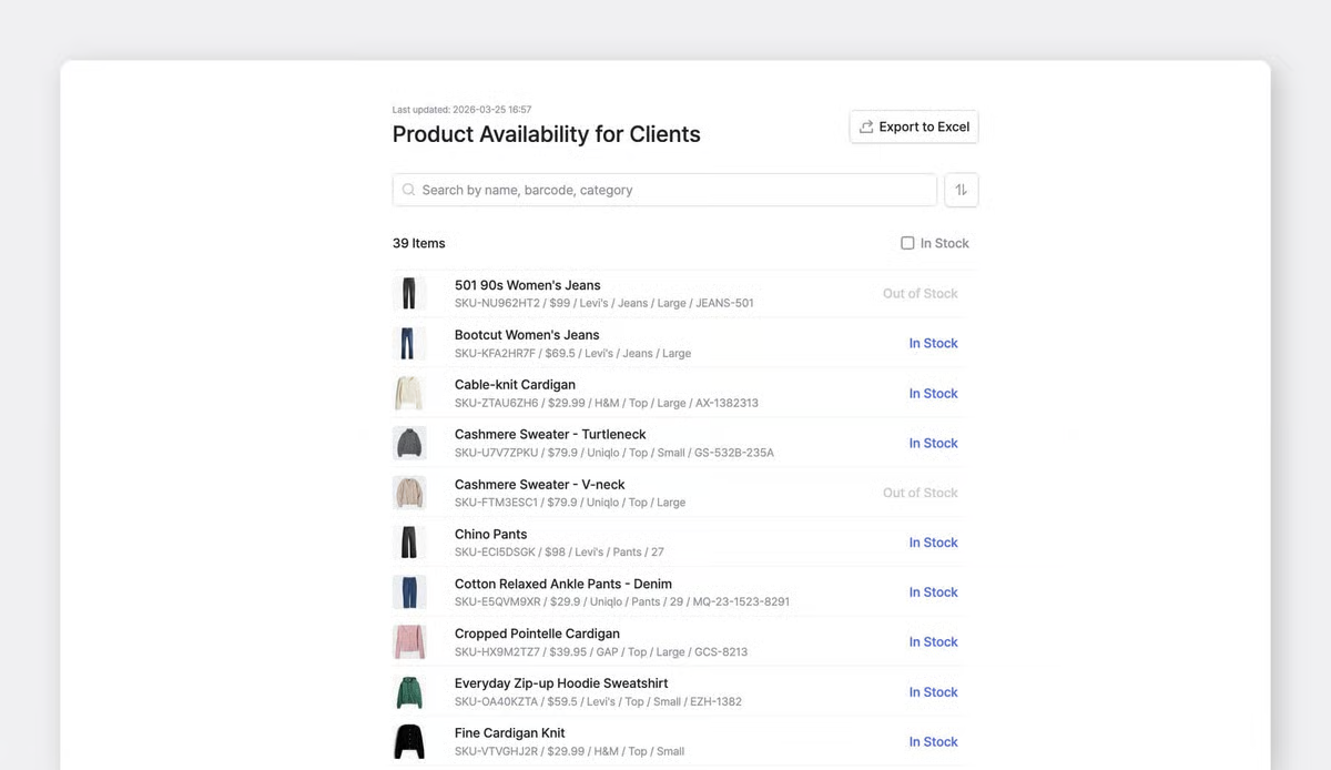 Enlace de inventario público de BoxHero mostrando disponibilidad de productos con estado "En stock" o "Agotado" para cada artículo