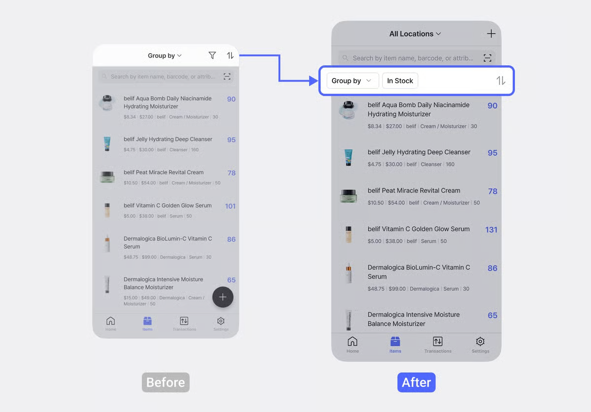 Lista de artículos en BoxHero: los botones 'Agrupar por' y 'En stock' se han movido debajo de la barra de búsqueda — comparación Antes/Después