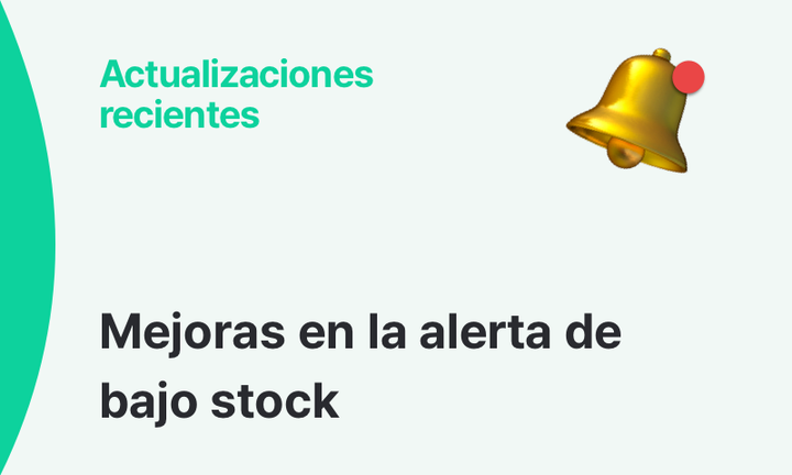 Imagen destacando mejoras recientes en la alerta de bajo stock en BoxHero, con ícono de campana de notificación.