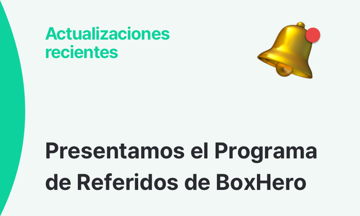 Ilustración con un ícono de campana dorada y el texto: "Actualizaciones recientes — Presentamos el Programa de Referidos de BoxHero".