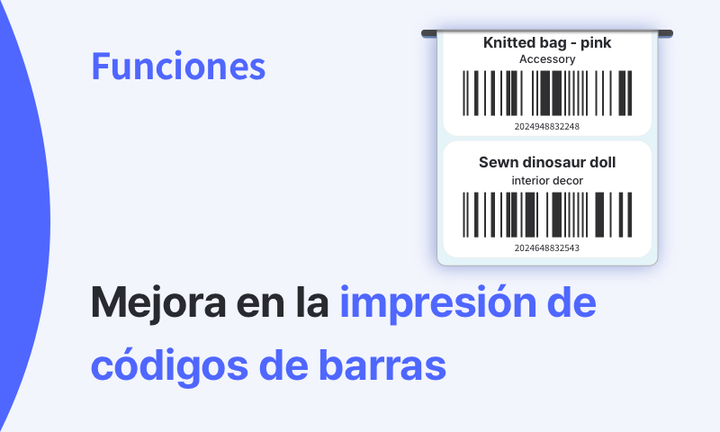 Vista de mejora en impresión de códigos de barras en BoxHero con etiquetas de ejemplo