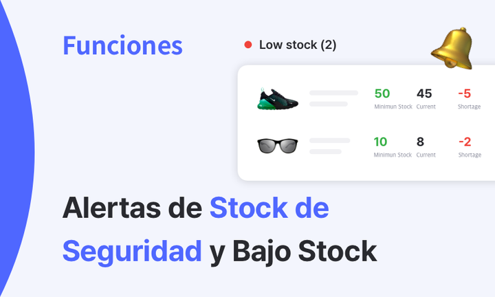 Ejemplo visual de alertas de stock en BoxHero con íconos de nivel mínimo, actual y escasez para cada producto.