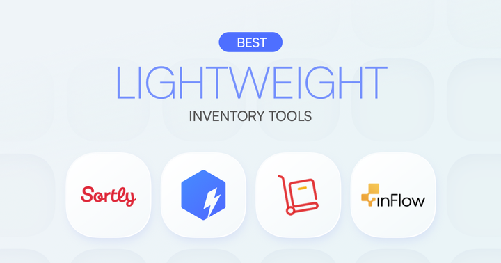 Gráfico de las mejores herramientas ligeras de inventario con los logotipos de Sortly, BoxHero e inFlow sobre un fondo azul claro.