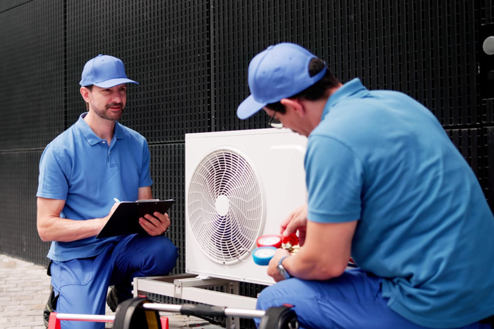 Electricista hispano inspecciona una unidad de aire acondicionado comercial para mantenimiento y reparación.