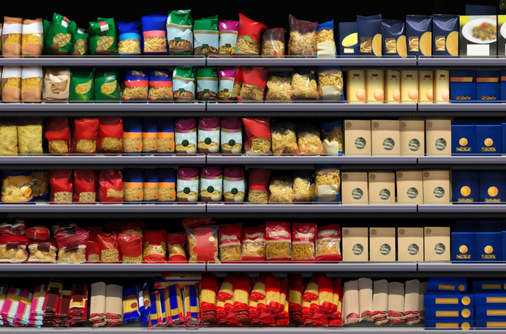Mockup de envase de pasta en estante de supermercado
