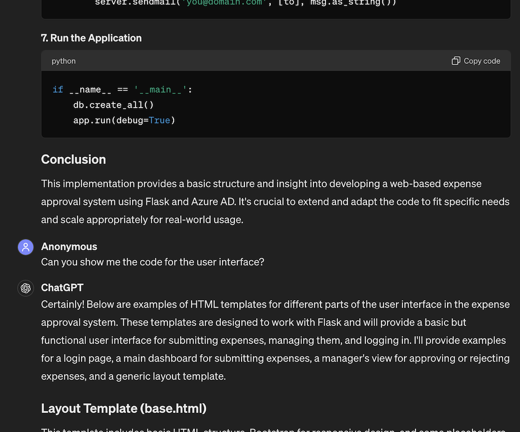 Screenshot of ChatGPT conversation for build of expense approval system