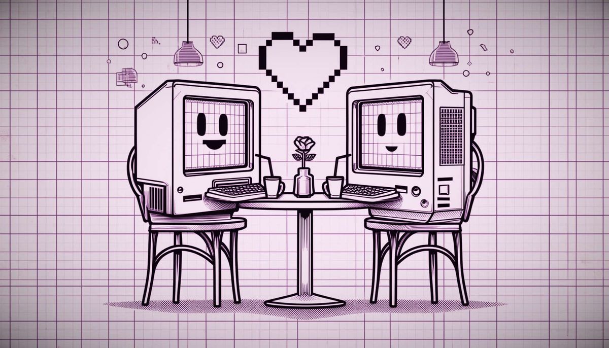 Cartoon style image of two anthropomorphised computers going on a romantic date 