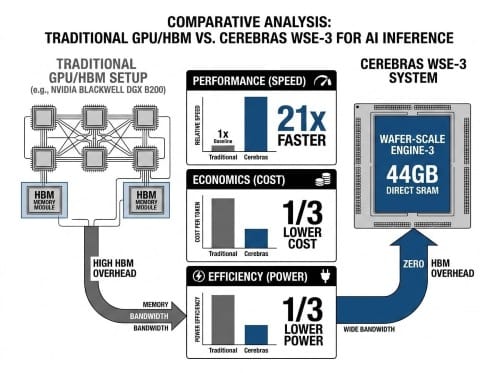 A clean, professional-grade infographic comparing traditional GPU/HBM setups with the Cerebras WSE-3 system, prominently displaying key metrics: '21x Faster', '1/3 Lower Cost', and '1/3 Lower Power' in a stark, data-driven visual style.