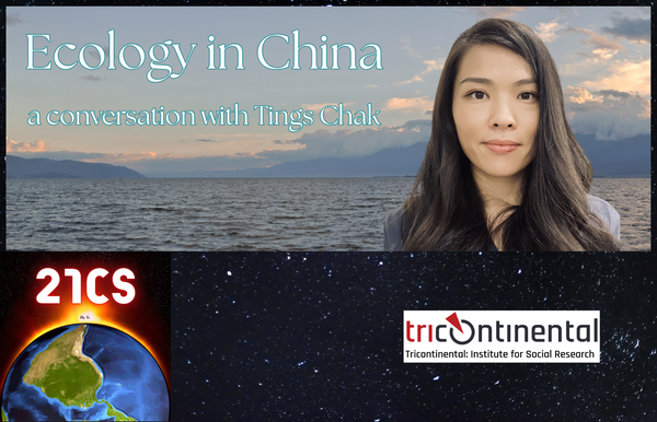Ecology in China: A conversation with Tings Chak. Photo of Chak in front of a lake. Logos of 21CS and Tricontinental