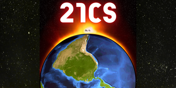 text reading 21CS against a background of stars in outer space. A globe with the south pole at the top, showing South America. The eyes of Hugo Chavez rise above the globe like a rising sun