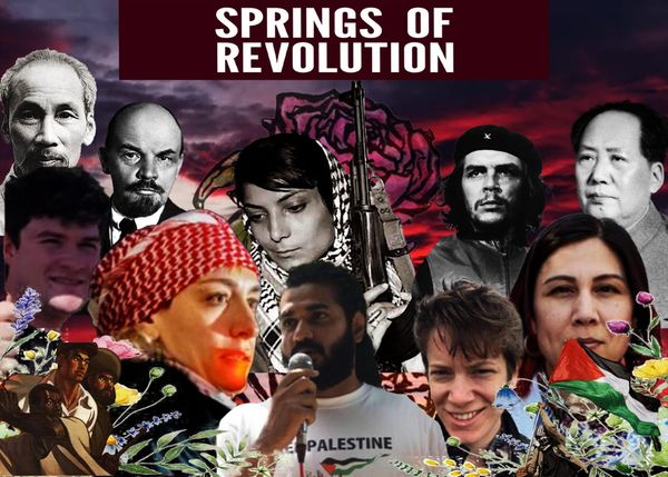 A collage of images including the five members of the Springs of Revolution slate for DSA's national political committee as well as historical communist figures
