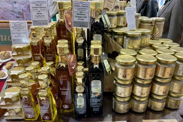 Truffle-infused products on sale at the Alba truffle fair.