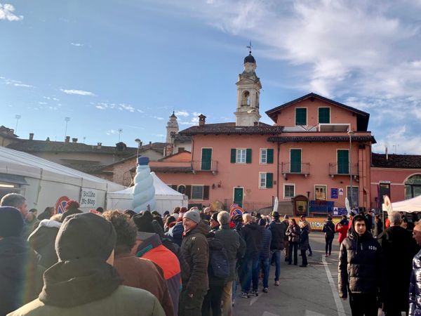People waiting for bollito at the Fiera del Bue Grasso in Carrù.