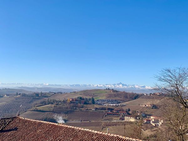 Views of Roero vineyards with Monviso in the background.