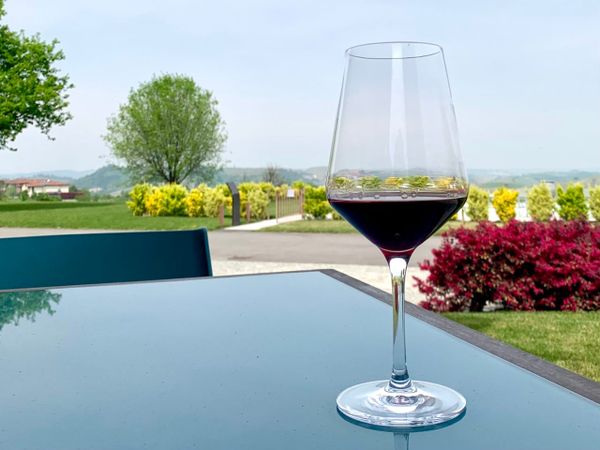 A glass of red wine on an outdoor table with views of hills in the background.