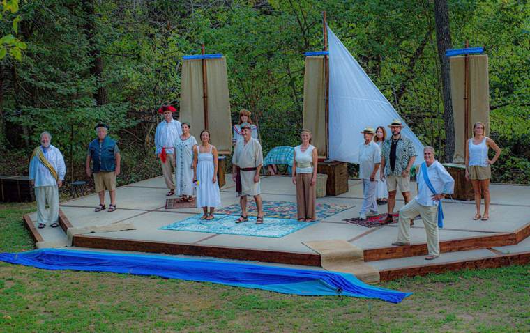 The cast of Pericles, Prince of Tyre performing on the Harmon Park Arvest Stage