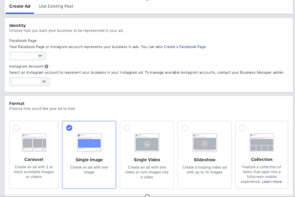 Facebook Ads Manager enables you to choose creative form of the ads