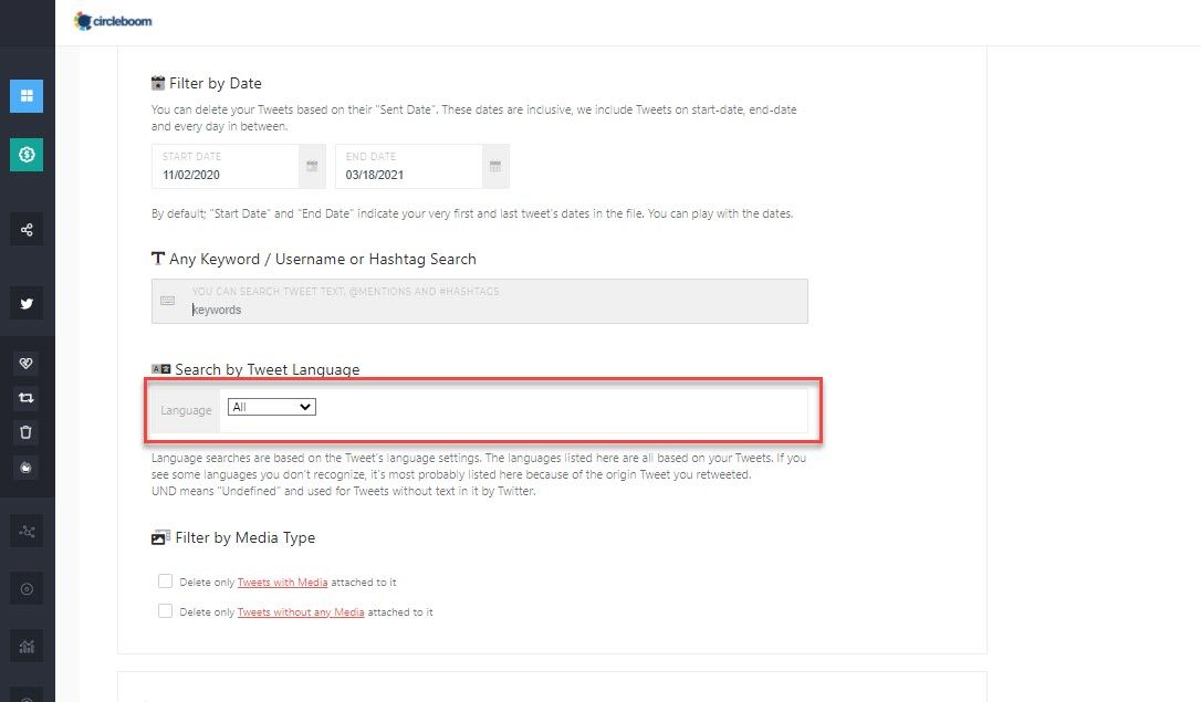 How to delete tweets by language