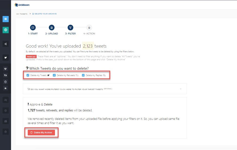 you can check at "Delete only Tweets with Media attached to it" bottom of the page if you would like to delete only media tweets of yours.