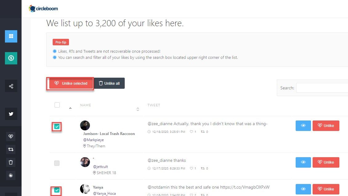 Unlike selected Twitter likes