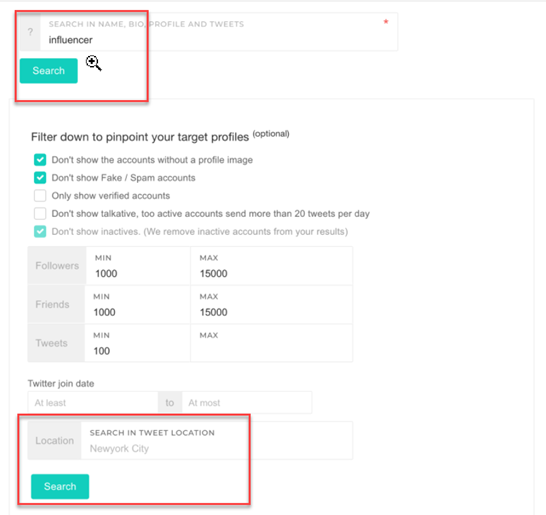 Circleboom smart search offers various filters to find a relevant audience